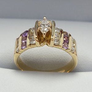 14K Yellow Gold Diamond/Amethyst Ring - 0.30ct Marquise Center | 0.25ct Side